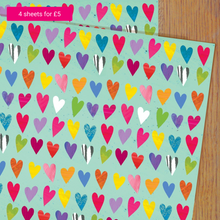 Load image into Gallery viewer, Coloured Hearts Wrapping Paper Single Sheet - Loved By Lotus
