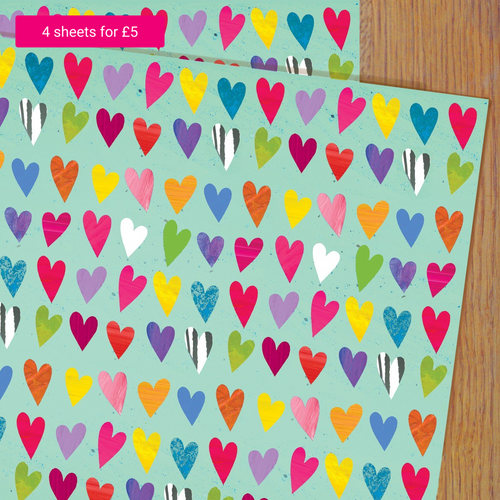 Coloured Hearts Wrapping Paper Single Sheet - Loved By Lotus