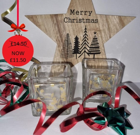 Pair of Christmas Tealight Holders - Gold